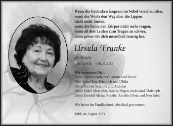Traueranzeige von Ursula Franke von Südthüringer Presse