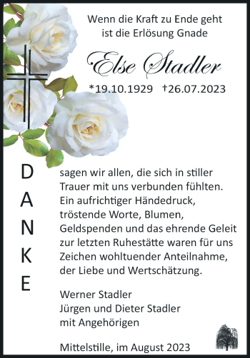 Traueranzeige von Else Stadler von Südthüringer Presse