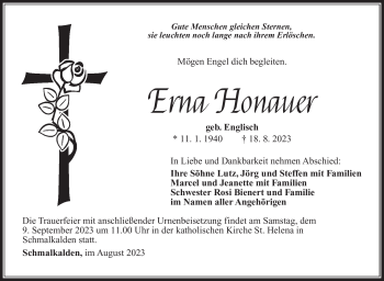 Traueranzeige von Erna Honauer von Südthüringer Presse