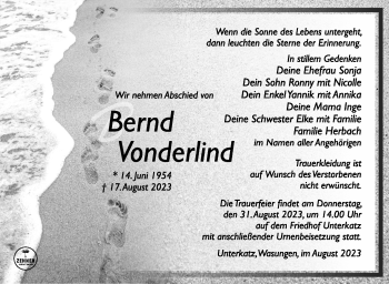 Traueranzeige von Bernd Vonderlind von Südthüringer Presse