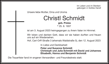 Traueranzeige von Christl Schmidt von Frankenpost