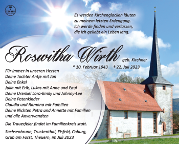 Traueranzeige von Roswitha Wirth von Südthüringer Presse