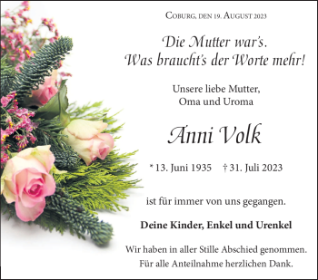 Traueranzeige von Anni Volk von Neue Presse Coburg