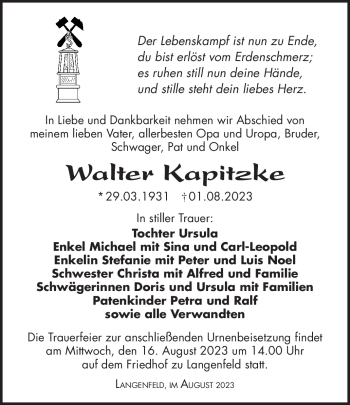 Traueranzeige von Walter Kapitzke von Südthüringer Presse