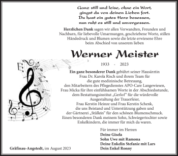 Traueranzeige von Werner Meister von Südthüringer Presse