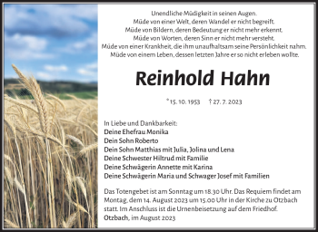 Traueranzeige von Reinhold Hahn von Südthüringer Presse