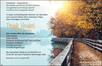 Traueranzeige von Frank Hankel von Südthüringer Presse