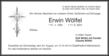 Traueranzeige von Erwin Wölfel von Frankenpost