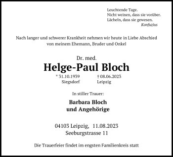 Traueranzeige von Helge-Paul Bloch von Frankenpost