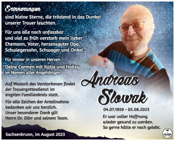 Traueranzeige von Andreas Slowak von Südthüringer Presse