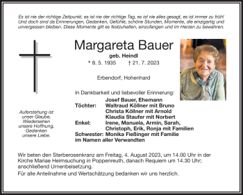 Traueranzeige von Margareta Bauer von Frankenpost