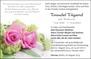 Traueranzeige von Traudel Tügend von Südthüringer Presse