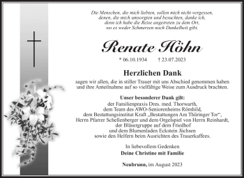 Traueranzeige von Renate Höhn von Südthüringer Presse