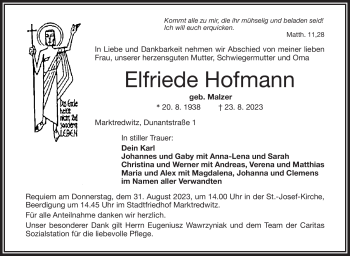 Traueranzeige von Elfriede Hofmann von Frankenpost