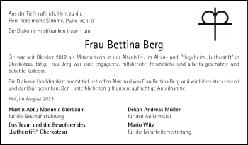 Traueranzeige von Bettina Berg von Frankenpost