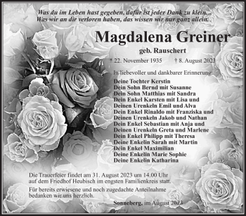 Traueranzeige von Magdalena Greiner von Südthüringer Presse