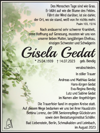 Traueranzeige von Gisela Gedat von Südthüringer Presse