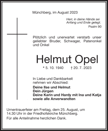 Traueranzeige von Helmut Opel von Frankenpost