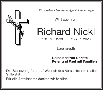 Traueranzeige von Richard Nickl von Frankenpost