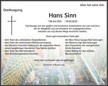 Traueranzeige von Hans Sinn von Südthüringer Presse
