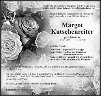 Traueranzeige von Margot Kutschenreiter von Südthüringer Presse