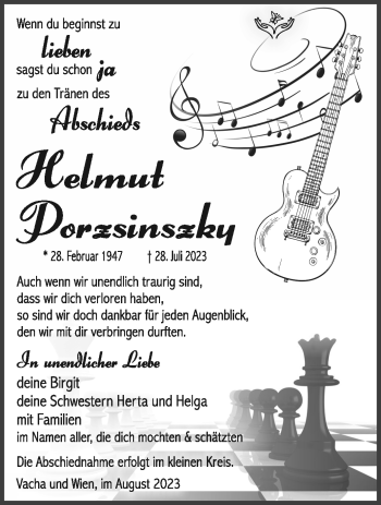 Traueranzeige von Helmut Porzsinszky von Südthüringer Presse