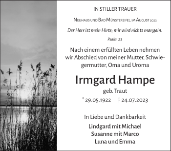 Traueranzeige von Irmgard Hampe von Südthüringer Presse