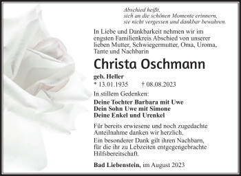 Traueranzeige von Christa Oschmann von Südthüringer Presse