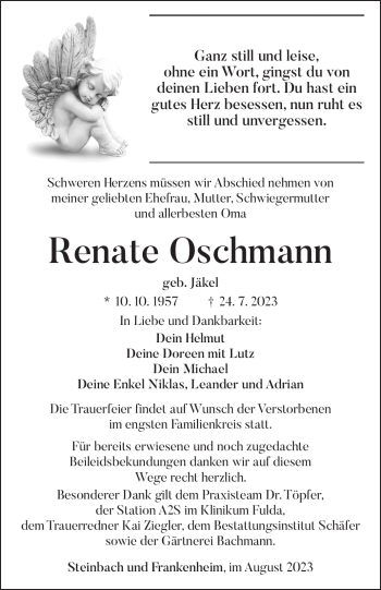 Traueranzeige von Renate Oschmann von Südthüringer Presse