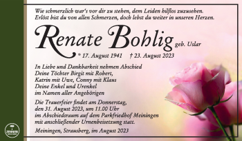 Traueranzeige von Renate Bohlig von Südthüringer Presse