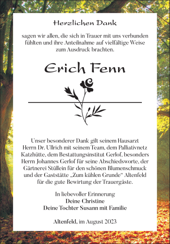 Traueranzeige von Erich Fenn von Südthüringer Presse