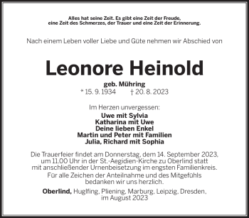 Traueranzeige von Leonore Heinold von Südthüringer Presse