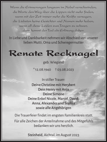 Traueranzeige von Renate Recknagel von Südthüringer Presse