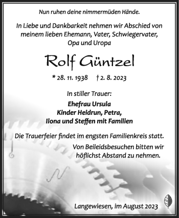 Traueranzeige von Rolf Güntzel von Südthüringer Presse
