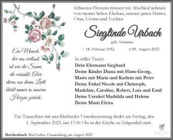 Traueranzeige von Sieglinde urbach von Südthüringer Presse