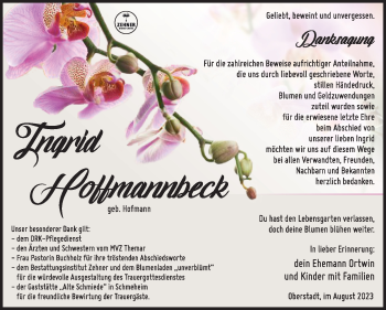 Traueranzeige von Ingrid Hoffmannbeck von Südthüringer Presse