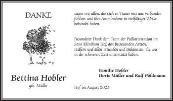 Traueranzeige von Bettina Hobler von Frankenpost