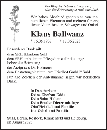 Traueranzeige von Klaus Ballwanz von Südthüringer Presse