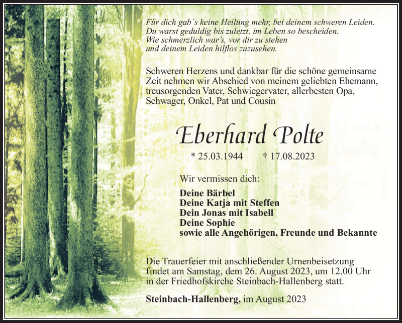  Traueranzeige für Eberhard Polte vom 22.08.2023 aus Südthüringer Presse