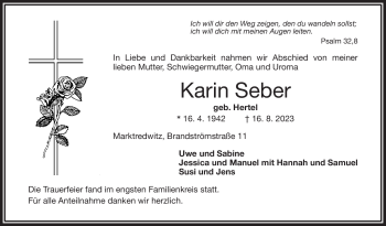 Traueranzeige von Karin Seber von Frankenpost
