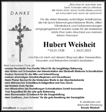 Traueranzeige von Hubert Weisheit von Südthüringer Presse
