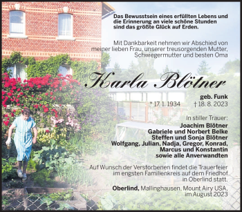 Traueranzeige von Karla Blötner von Südthüringer Presse