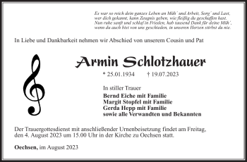 Traueranzeige von Armin Schlotzhauer von Südthüringer Presse