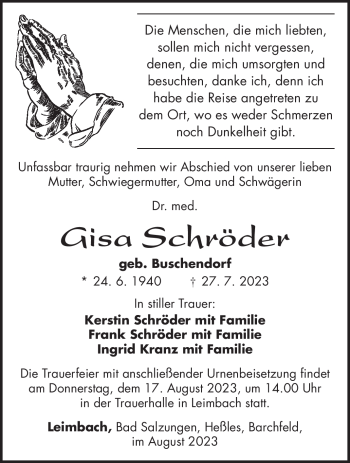 Traueranzeige von Gisa Schröder von Südthüringer Presse