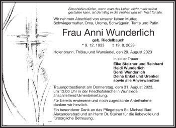 Traueranzeige von Anni Wunderlich von Frankenpost