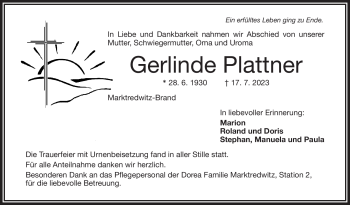 Traueranzeige von Gerlinde Plattner von Frankenpost