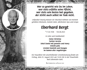 Traueranzeige von Eberhard Bergt von Südthüringer Presse
