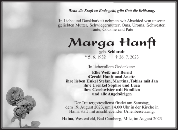 Traueranzeige von Marga Hanft von Südthüringer Presse