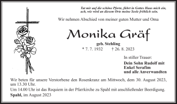 Traueranzeige von Monika Gräf von Südthüringer Presse