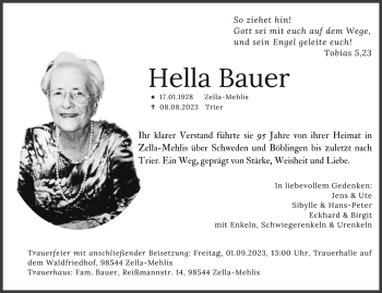 Traueranzeige von Hella Bauer von Südthüringer Presse